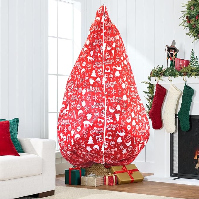 Upright Christmas Tree Storage Bag,Fits Up to 7.5 ft Tall Artificial Tree,Large Holiday Xmas Tree Cover Upright Tree Dustproof Bag with Zipper & Drawstring 6.6ft(W)*7.8ft(H) *52in(Dia)(Red)