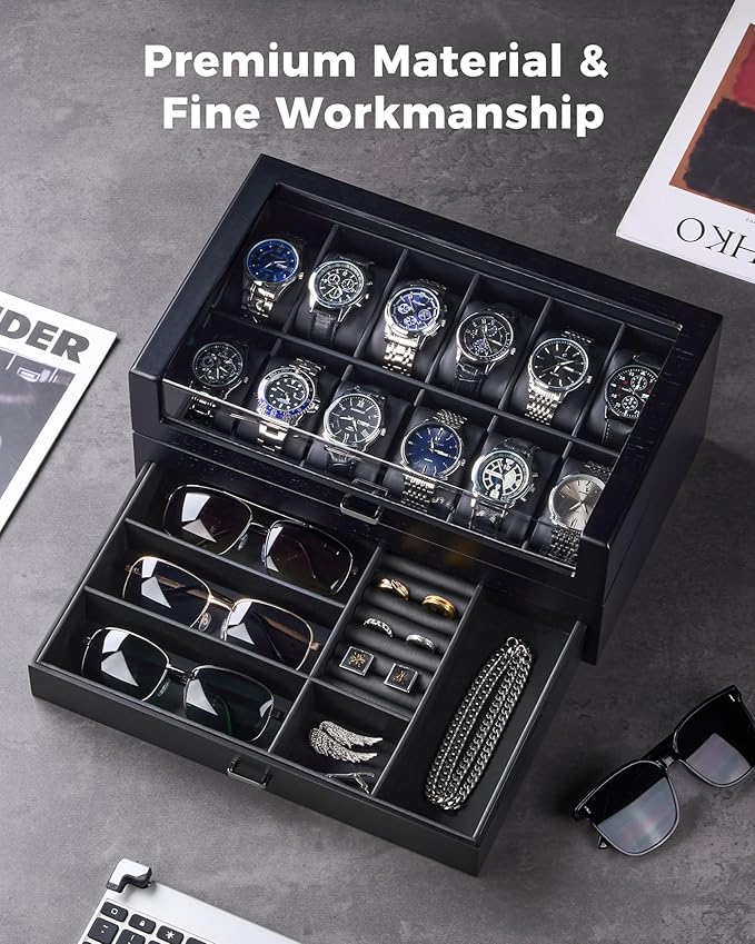 ProCase Wooden Watch Box for Men, Wood Watch Display Case Men's Jewelry Organizer Box with Drawer -12 Slot, Black