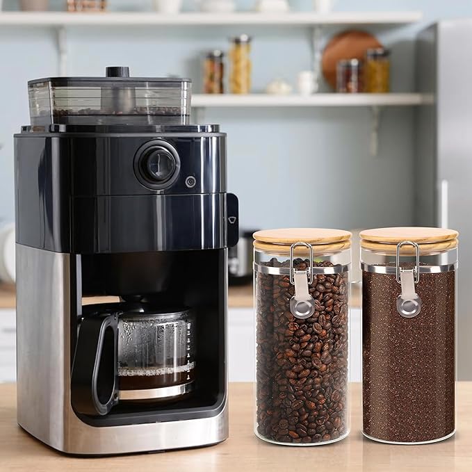 EQEY Glass Storage Jars Set Elegant Containers with Airtight Bamboo Lids, Perfect for Kitchen Organization - Flour, Rice, Pasta, Sugar, Coffee Beans, Accessories Included (Coffee Jar x 2)