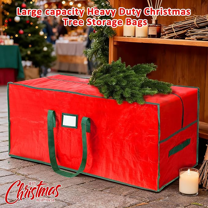 HABGP 9 ft Large Christmas Tree Storage, Stores 9 Foot Artificial Xmas Trees, Sturdy Plastic Waterproof Christmas Holiday Tree Bag For Storage Box with Strong Handles & Zipper, Red
