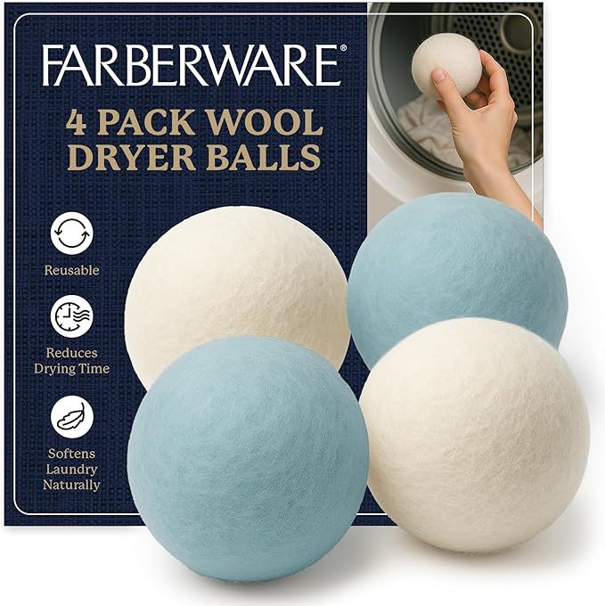 Farberware Wool Dryer Balls 4 Pack – Reusable 100% Wool Balls for Dryer – Natural Fabric Softener for Laundry, Towels & Bedding, Replaces Fabric Sheets & Liquid Softeners
