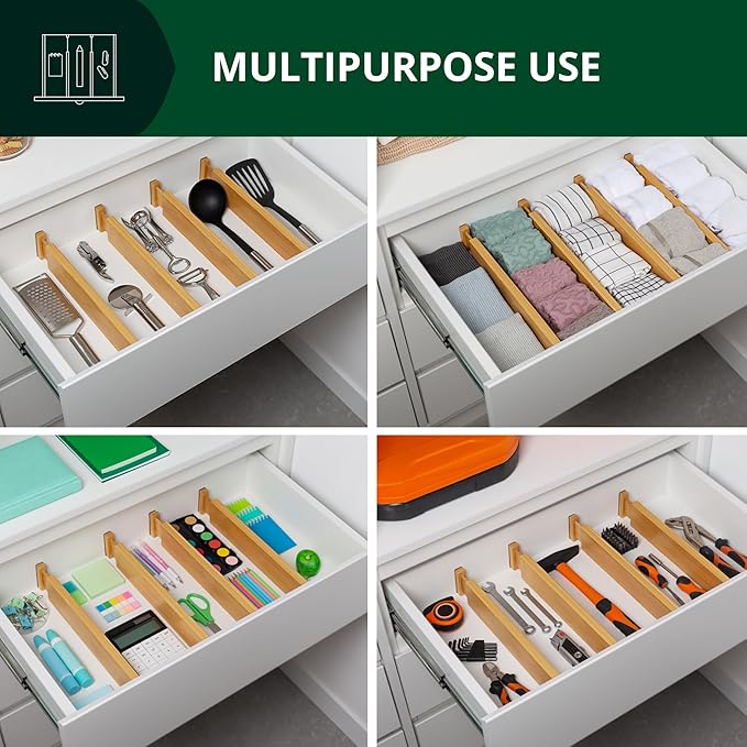 ROYAL CRAFT WOOD Adjustable Bamboo Drawer Dividers Organizers (17-22") - Expandable Drawer Organization Separators for Kitchen Utensils, Clothes, 4-Pack