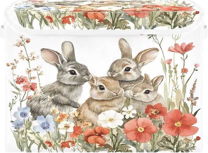 senya Easter Baskets Collapsible Storage Bins with Lids, Red Flowers Bunnies Storage Boxes Clothes Baskets for Organizing