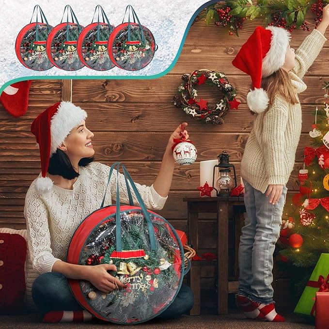 Shappy 4 Pcs Christmas Wreath Storage Bag Wreath Storage Container with Clear Window Plaid Box with Handles for Storing Garland Holiday Wrapping(Red,30 x 7 Inch)