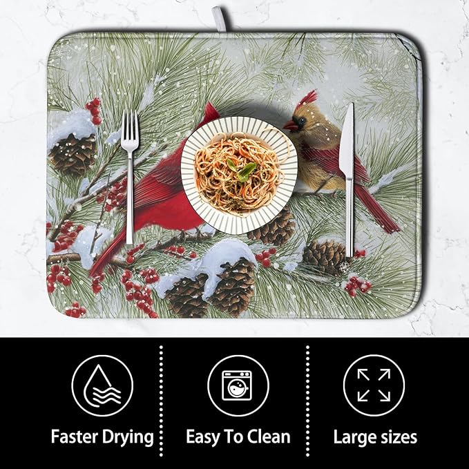 Kwlegh Winter Dish Drying Mat for Kitchen Counter 18x24 Inch Christmas Red Birds Drying Mats Xmas Holiday Microfiber Absorbent Dishes Drainer Mats Cardinal Dish Rack Pad