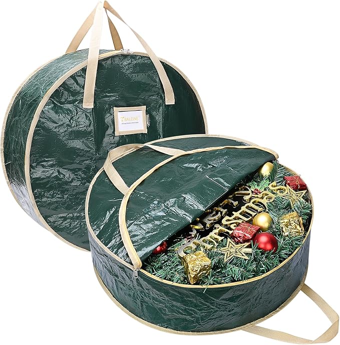 BALEINE Wreath Storage Container, 2 Pack Christmas Wreath Storage Bag with Tear Resistant PE Material and Reinforced Handle for Holiday Xmas (Green, 24"x8")