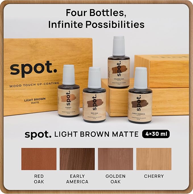 Light Brown Wood Stain Repair Kit, Brush-On Touch-Up Stain Bottles, Golden Oak, Early America, Cherry, Red Oak, Interior and Exterior Wood, 4 fl oz Total by spot.