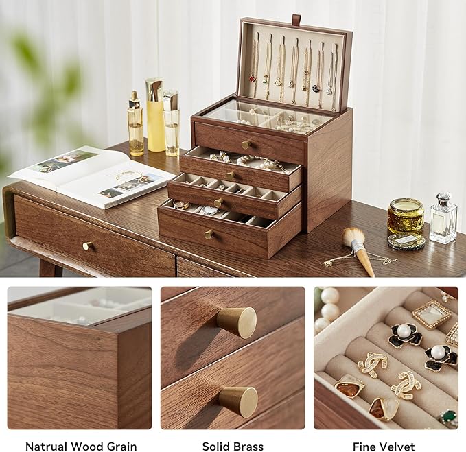 Homruilink Black Walnut Wooden Jewelry Box for Women 4 Layer with Glass Lid and Pull-out Necklace Storage Layer Watch Necklace Ring Earring Storage,Valentine's Day Gifts