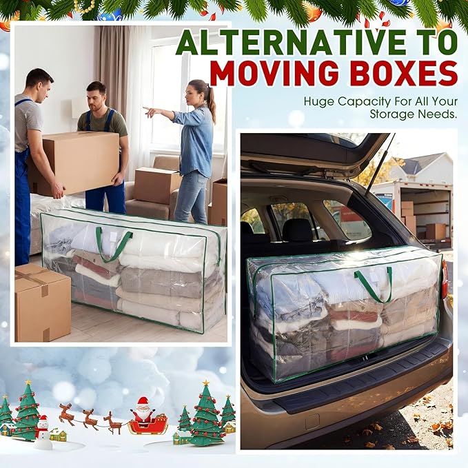 4 Pack Extra Large Christmas Tree Storage Bag 9 ft Artificial Tree, 126gallon Heavy Duty Moving Bag 65" Waterproof Clear Oversized Box with Handle Label Pocket for Camping College (Green)