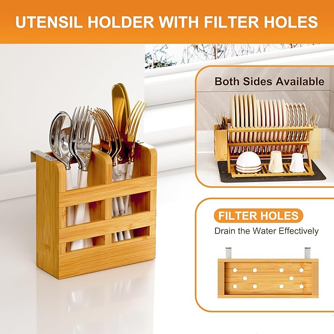 Greenual Bamboo Dish Drying Rack with Utensil Holder, 3 Tier Collapsible Dish Rack, Wooden Dish Racks for Kitchen Counter, Large Folding Drying Holder with Absorbent Dish Drying Mat