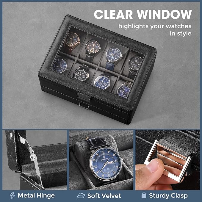 ProCase Watch Box for Men, Jewelry Organizer Box with Drawer, Display Storage Case with Glass Lid -Black, 16 Slot