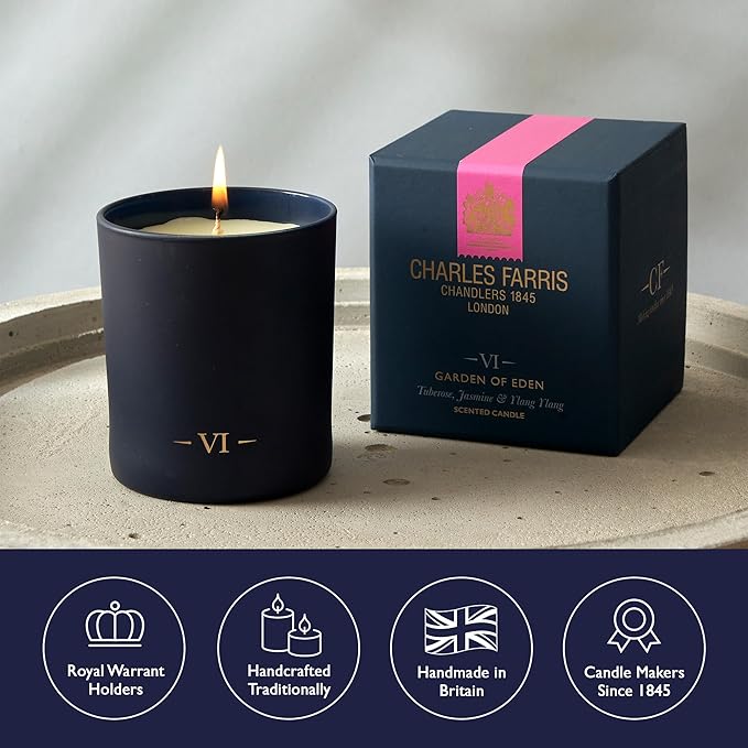 Charles Farris Luxury Scented Candle – 1 Wick, Hand-Poured, Long Lasting, Clean Burning, 210g / 7.5oz, Burns for up to 50 Hours, Made in England – Tuberose, Jasmine & Ylang Ylang – Garden of Eden