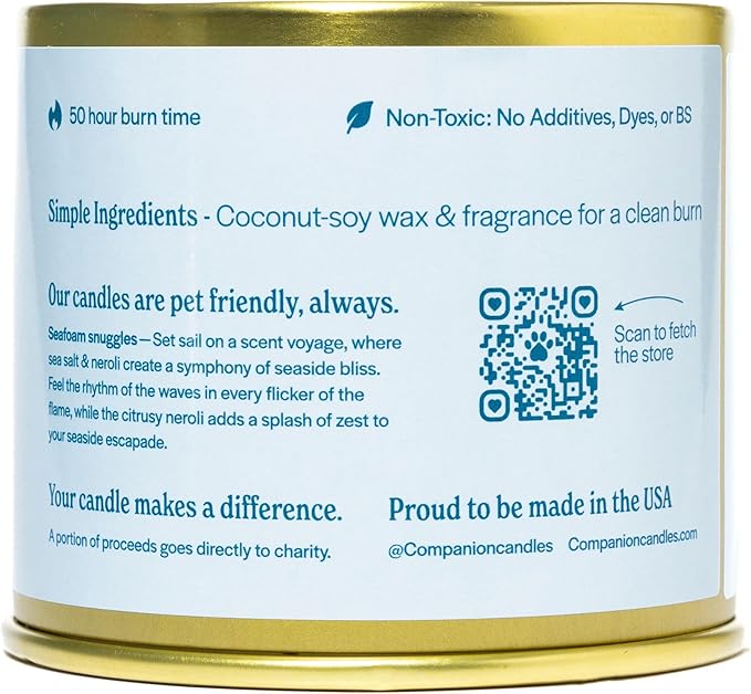 Companion Candles Pet Safe Wood Wick Candle - “You & Me by The Sea” Sea Salt & Neroli, Coconut Soy Wax Scented, Over 50 Hr Burn Time, Non-Toxic, Women-Owned, Made in USA (11.8 oz.)