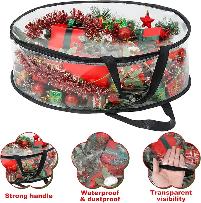 4 PCS Wreath Storage Bag Christmas Wreath Storage Container Waterproof Holiday Garland Clear PVC Container with Handle Heavy Duty for Xmas Holiday Seasonal Garland Black