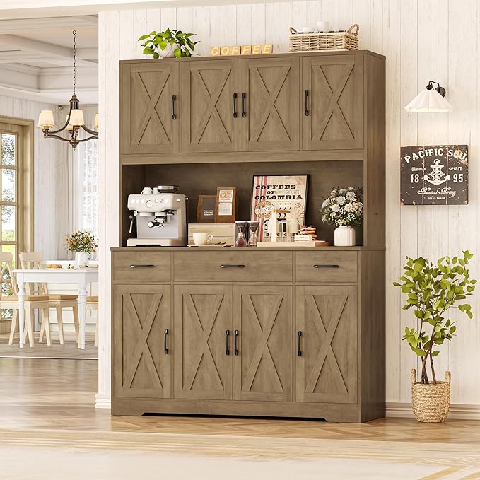 HOSTACK 71" Tall Kitchen Pantry Storage Cabinet with Charging Station, 55" Wide Kitchen Hutch Cabinet with Large Countertop, Farmhouse Food Pantry with Drawers for Living Room, Rustic Brown
