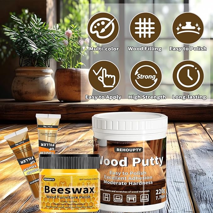 REHOUPTY Wood Furniture Repair Kit, All-in-One Large Capacity Floor Repair Kit Include Wood Putty & 12 Colors Wood Touch Up Filler and Beeswax, Vinyl Floor Repair Kit for Scratch, Cracks, Stain, Holes