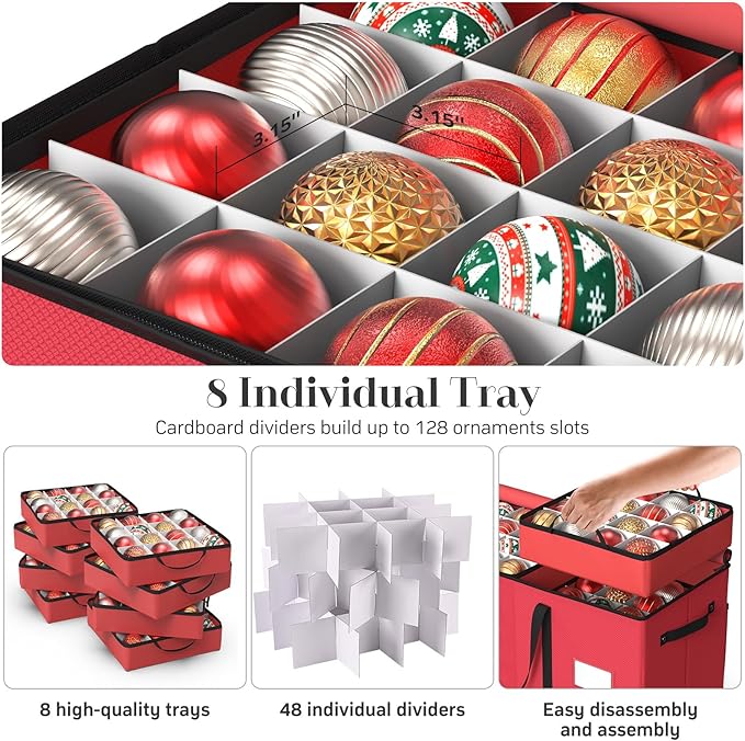 Christmas Ornament Storage Box with 8 Trays, Christmas Storage Container for 128-3'' Holiday Ornament Decorations, Large Xmas Organizer with Adjustable Dividers, Dual Zipper and Pocket - Red