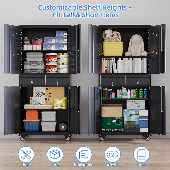 Metal Garage Storage Cabinet with 2 Drawers and 2 Adjustable Shelves, Rolling Tool Storage Cabinet with Wheels and Locking Doors for Garage, Warehouse, Assembly Required, Black and Dark Gray