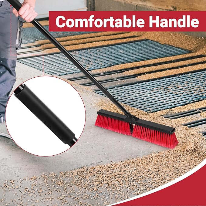 24" Push Broom with 63" Long Handle, Heavy Duty Broom for Floor Sweeping, Stiff Bristles Push Broom Brush for Workshop, Garage, Concrete, Patio and Deck