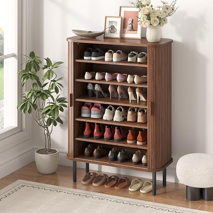 Shoe Storage Cabinet with Adjustable Shelves, 6-Tier Mid-Century Modern Shoe Organizer with Sliding Door, Shoe Storage Organizer for Entryway Hallway Living Room, Walnut