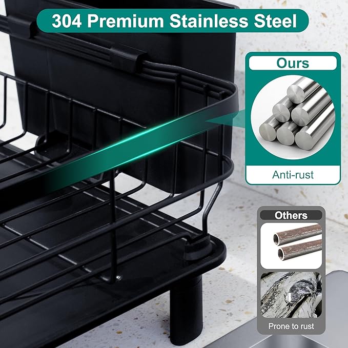 Goderewild 2-Tier Dish Drying Rack for Kitchen Counter,Space-Saving Dish Rack with Drainboard,Rustproof Countertop Dish Drainer with Utensil Holder for Sink,Black