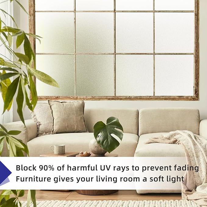 Frosted Window Privacy Film Non-Adhesive Static Cling Bathroom Decorative Stickers Heat Control UV Blocking Opaque Glass Window Coverings Film for Home Front Door Office, 23.6 Inch x 6.5 Feet