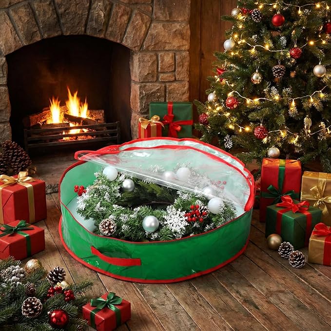 Aliceset 4 Pack Wreath Storage Containers, Christmas Ornament Garland Wreath Storage Bags with Handle Dual Zipper Large Decorative Storages Box for Winter Wreaths(36 x 36 x 7.8 Inch,Light Green)