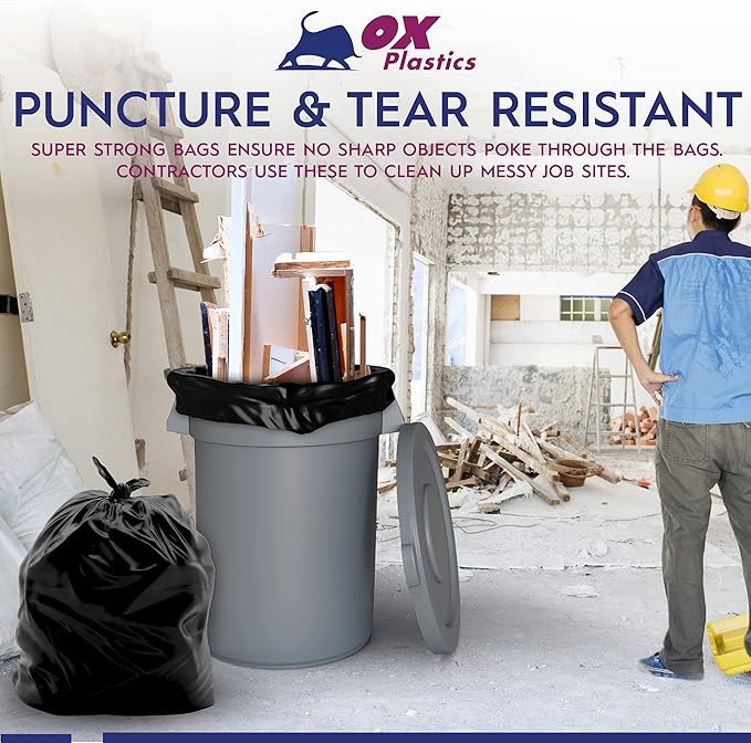 Ox Plastics Trash Can Liners Bags - 42 Gallon Capacity & 3mil Thick Extra Heavy Duty Strength - Large Garbage, Leak-Proof & Durable, House & Commercial Use Bags Black 37 X 43 (25 Count)