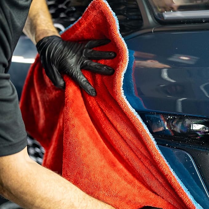 Autofiber Dreadnought Max Triple Layer Microfiber Car Drying Towel, Twist Pile and 1400GSM, Pack of 2 (16 inch x 16 inch) Blue/Red