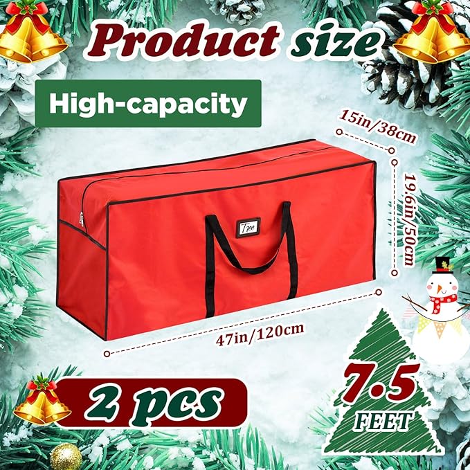 Paterr 2 Pack 7.5 ft Large Christmas Tree Storage Bag, 600d Waterproof Oxford Heavy Duty Artificial Christmas Tree Container Trees Storage Holder Bag Box with Reinforced Handle Dual Zipper(Red)