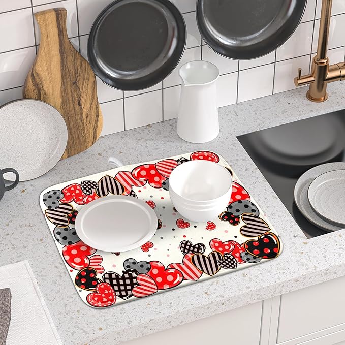 Red Heart Dish Drying Mat 16"x18" Love Dots Microfiber Dish Drainer Rack Mat Holiday Absorbent Fast Dry Pad for Kitchen Counter Home Decor