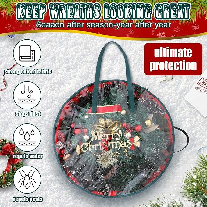 Shappy 6 Pcs Christmas Wreath Storage Bag Plastic Storage Containers for Wreaths Container Christmas Decorative Xmas Plastic Bag Holder Handles Dual Zipper Holiday Wrapping (30 x 7 Inch)