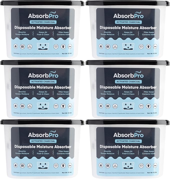 Absorb Pro - Moisture Absorber Tub with Activated Charcoal - 6-Pack - 10.5 oz Disposable Odor Eliminator Box & Dehumidifier for Garage, Home, Kitchen, Bedroom, Bathroom, Closet, Cars, and Boats