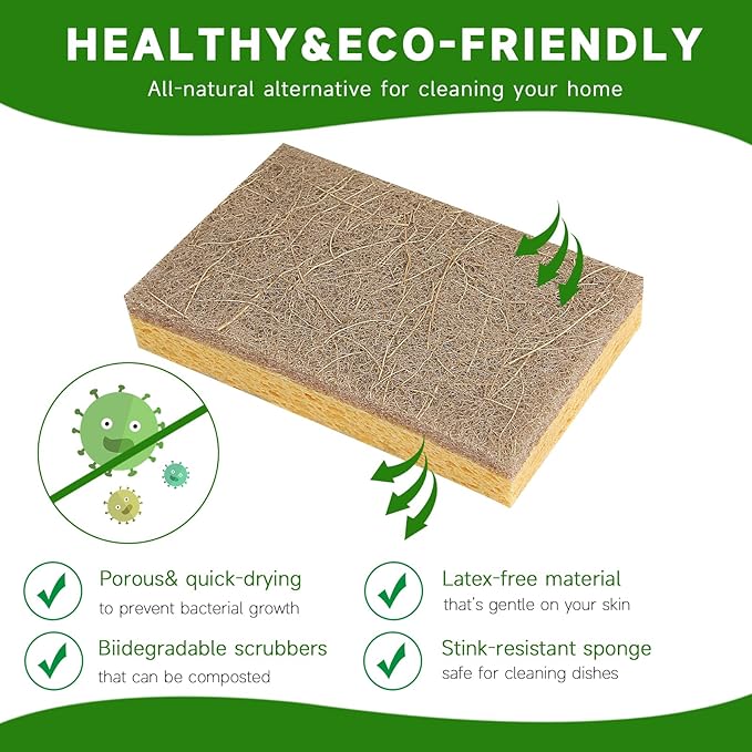 Rasket 10 Pack Biodegradable Natural Sponges Kitchen - Compostable Cellulose and Coconut Walnut Scrubber Sponge - Eco Friendly Sponges for Dishes