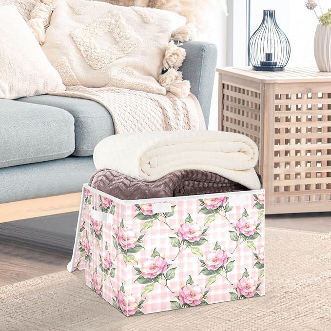 Collapsible Storage Bins with Lids, Pink Rose Flower Floral Buffalo Plaid Checkered Storage Boxes for Organizing