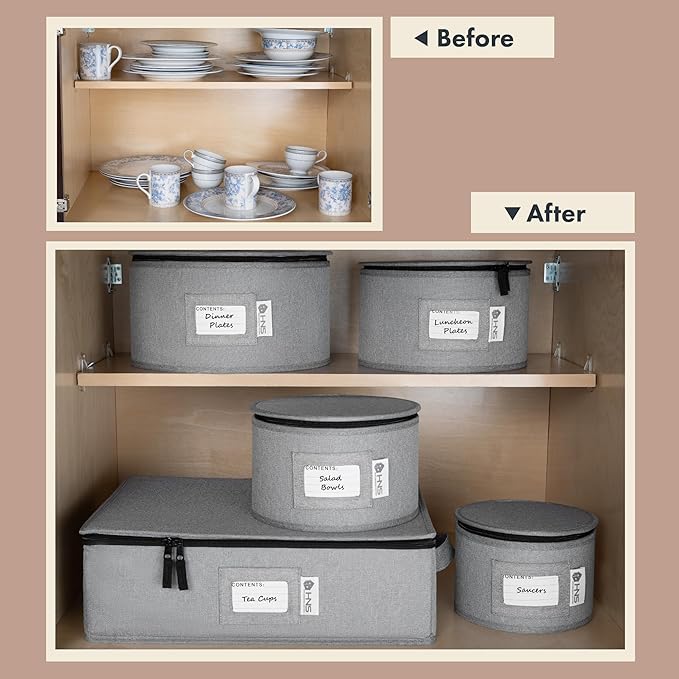China Storage Hard Shell Containers 5-Piece Set Moving Boxes for Dinnerware, Glasses, Plates, Mugs and Saucers Sturdy Dish Organizer with Dividers for Seasonal Storage - Service for 12 - Gray