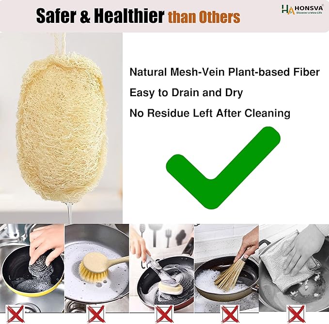 HONSVA Loofah Natural Kitchen Sponge (5 Pcs), No Scratch Scrubber for Dish Cleaning, 100% Plant Based Vegetable Scrubber, Zero Waste and Eco Friendly Sponge for Kitchen (3 Pcs Oval+2 Pcs Rectangular)