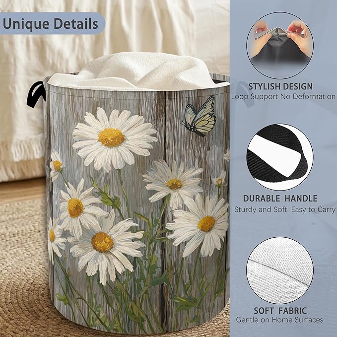 Vintage Daisy Laundry Basket,Wooden Butterfly Oxford Cloth Laundry Hamper with Handle Foldable Portable Clothes Storage Basket for Bathroom Bedroom Dorm Room 16" x 20.8"