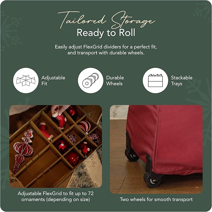 Covermates Keepsakes Rolling Adjustable Ornament Storage Bag – Heavy-Duty Polyester, FlexGrid Trays & Padded Dividers – Protective Holiday Organizer with Wheels, Handles & ID Window, Red