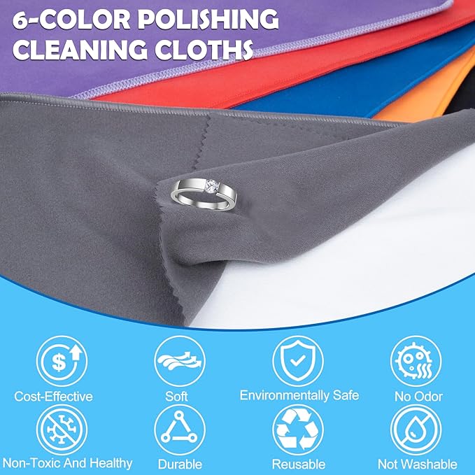 Builimeer 6 PCS Jewelry Polishing Cloths, 10x12 Inch Soft Pure Cotton Polishing Cloths for Cleaning Gold, Silver, Platinum, Diamond, Stainless Steel, Keeps Clean and Shiny (6 Dark Colors)