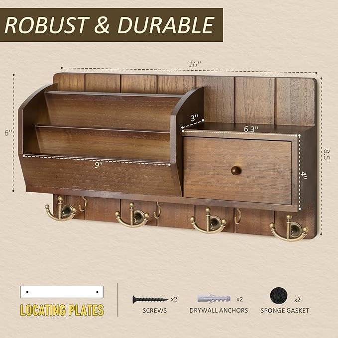 Key Holder Wall Mount with Mail Sorter - Modern Farmhouse Key and Mail Organizer with Hooks and Mini Drawer for Home Decor - Rustic Apartment Essentials for Home Improvement (Brown & Golden Hooks)