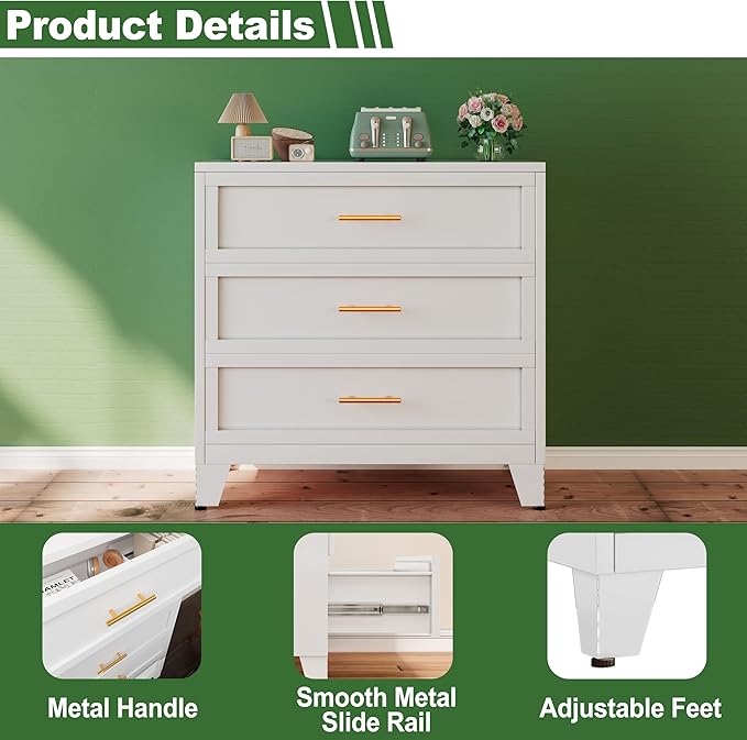 Metal Dresser for Bedroom 3 Drawers Dresser Metal Storage Organizer,34.25" H Drawer Chest, Closet Organizers for Living Room, Hallway, Closet