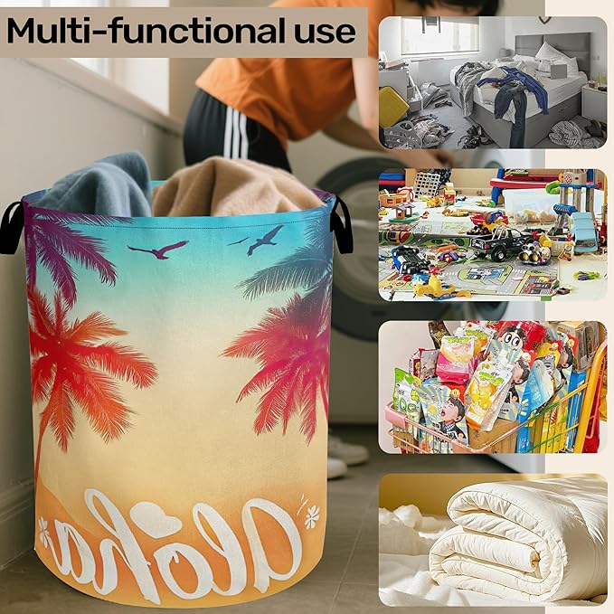 Hawaiian Sunset Foldable Canvas Laundry Basket with Handles - Storage Organizer, Heavy Duty for Home，Bedroom, Dorm, Bathroom