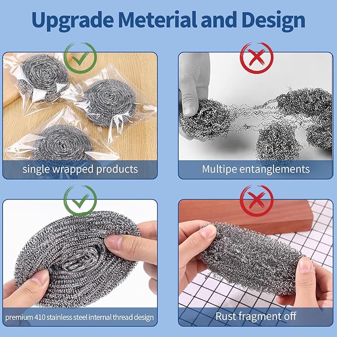 GUEICN Stainless Steel Scrubber Scrubbing Scouring Pad Sponges Clean Pot Pan and Steel Wool for Kitchen Bathroom (10Pcs Metal Scrubber)