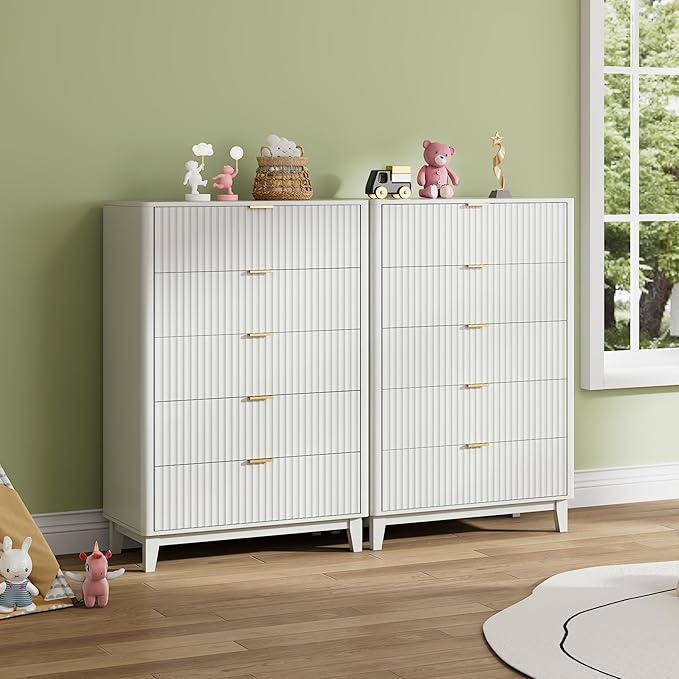WLIVE Fluted Dresser for Bedroom with 5 Drawers, 46.26" Tall Wooden Dresser with Golden Metal Handles, Mid Century Modern Chest of Drawers for Living Room, Hallway, Closet, Solid White