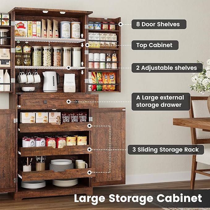 ELYKEN 72" Kitchen Pantry Storage Cabinet with Barn Doors, Pull Out Shelves & Drawer Organizer, Farmhouse Tall Kitchen Cupboard Cabinet, Wood Food Pantry for Kitchen Dining Room, Rustic Brown