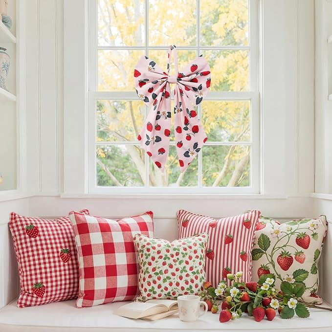 2 Pcs Spring Strawberries Wreath Bows 19.6'' x 11.8'' Large Tree Topper Pink Ornament Rustic Burlap Wreath Sash for Front Door Spring Party Yard Doorway Indoor Outdoor Wall Decor