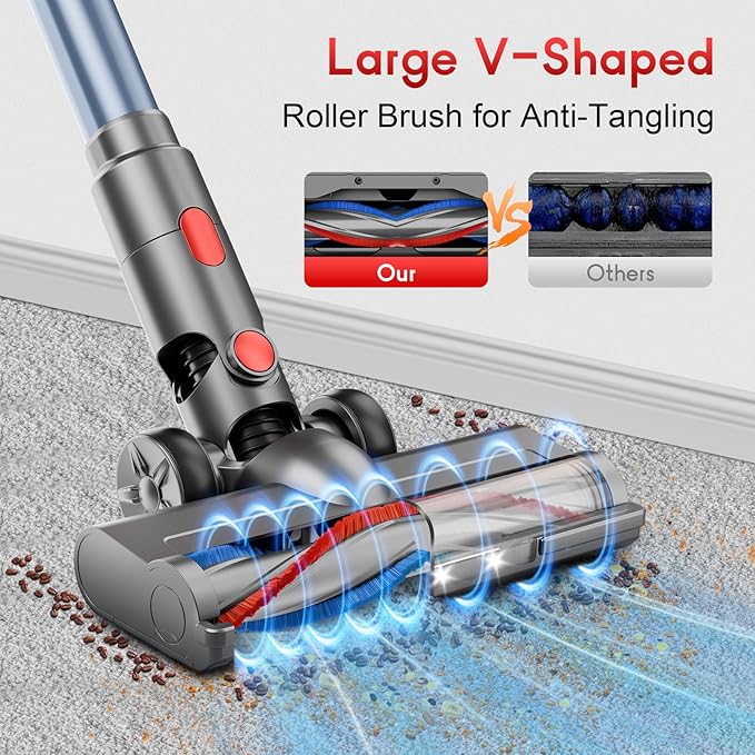 BSNAW Cordless Stick Vacuum Cleaner - Rechargeable, 35Kpa Powerful Vacuums with Detachable Battery, LED Display, 45Mins Runtime, 8 in 1 Handheld Vacuum for Hardfloor & Carpets Pet Hair, Red