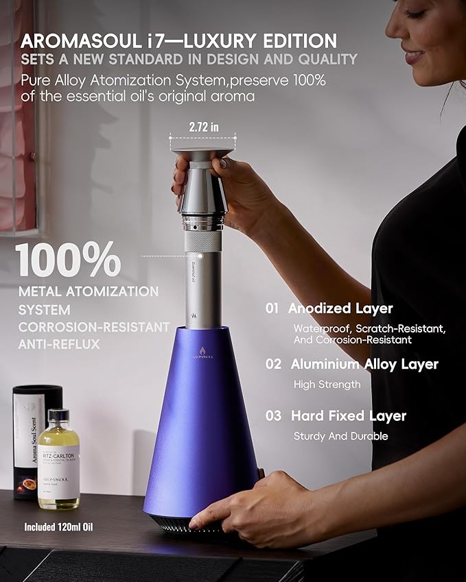 Waterless Scent Diffuser Starter Kit - 1500 Sq Ft Coverage, Alloy Atomization System,Mood Light,Smart Rechargeable Hotel Scent Diffuser, Including 120ml Essential Oil, for Home,Large Room,Spa,Blurple