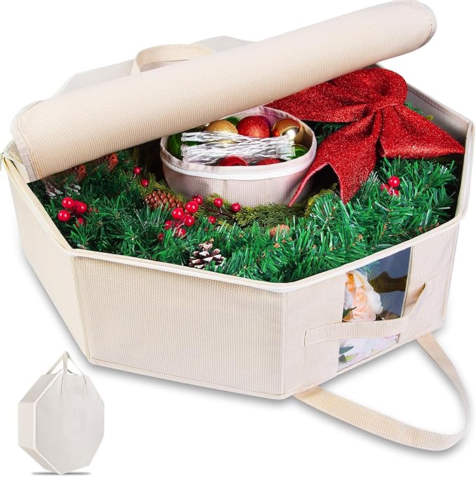 Wreath Storage Christmas Garlands Bag with Interior Pockets Large Xmas Container Box for Holiday Decorations Case with Zipper Handles Window Labeling Card Slot 24" Houndstooth